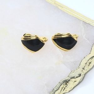 Monet Black Enamel Gold-Tone Signed Vintage Clip-On Earrings